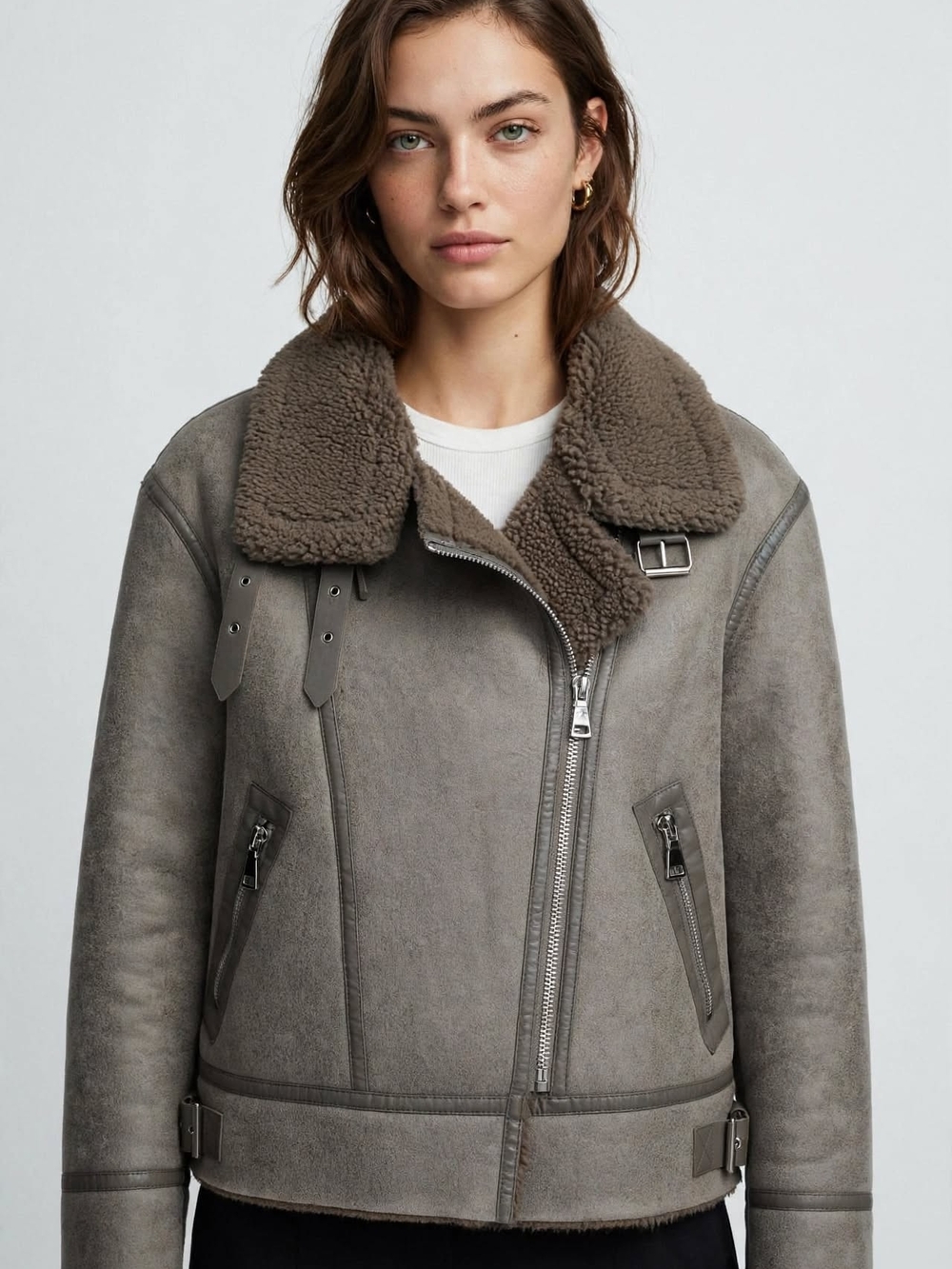 Zara Gray Taupe Shearling-Trim Moto Jacket